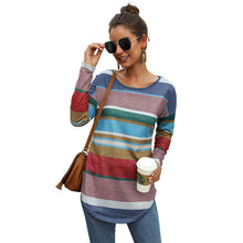 Load image into Gallery viewer, CINESSD Women MultiColor Striped Print Tee Shirts Round Neck Long Sleeves Casual Tops Slim Office Lady 2020 Elastic Tunic Tshirt