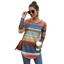 Load image into Gallery viewer, CINESSD Women MultiColor Striped Print Tee Shirts Round Neck Long Sleeves Casual Tops Slim Office Lady 2020 Elastic Tunic Tshirt