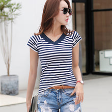 Load image into Gallery viewer, Camisas Mujer 2020 Striped Tshirt V-Neck T Shirt Women Printed T-Shirt Tee Shirt Femme Summer Tops Slim Casual Camiseta Feminina