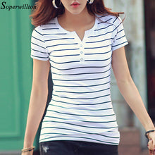 Load image into Gallery viewer, Women T-Shirt Cotton Short Long Sleeve Lady T Shirt Striped Summer Spring Autumn Female Blusa White Plus Size Fashion Top Tee T0