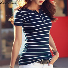 Load image into Gallery viewer, Women T-Shirt Cotton Short Long Sleeve Lady T Shirt Striped Summer Spring Autumn Female Blusa White Plus Size Fashion Top Tee T0