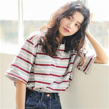 Load image into Gallery viewer, Korean O-neck T Shirt Women kawaii pink Striped Tops Harajuku Tshirt Summer Short Sleeve casual loose T-shirts camiseta feminina