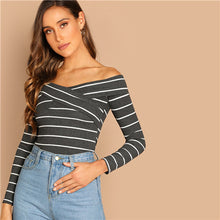 Load image into Gallery viewer, SHEIN Going Out Highstreet Elegant Cross Wrap Off the Shoulder Striped Pullovers Tee Autumn Women Casual Women Tshirt Top
