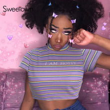 Load image into Gallery viewer, Sweetown Short Sleeve Cute Striped T Shirt Women Streetwear Slim Sexy O-Neck Womens Tshirts Letter Print` Summer Tee Shirt