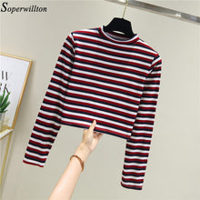 Load image into Gallery viewer, Women Crop Top Long Sleeve T Shirt Striped 2020 Short Sexy T-shirt Feminina Knitted Tshirt Streetwear Female Clothes Black T1