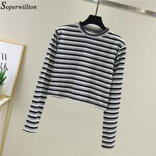 Load image into Gallery viewer, Women Crop Top Long Sleeve T Shirt Striped 2020 Short Sexy T-shirt Feminina Knitted Tshirt Streetwear Female Clothes Black T1