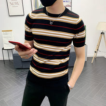 Load image into Gallery viewer, Summer Dress Short Sleeve Stripe Knitting Tshirt Tee Jacquard Weave High Quality Streetwear Round Sleeve T-shirt Camisetas Hombr