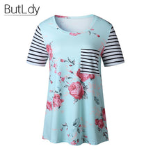 Load image into Gallery viewer, Striped Short Sleeve T Shirt Women Tops Tee Shirt Femme Print Floral Flower T-Shirt Female Summer 2019 Beach Casual Woman tshirt