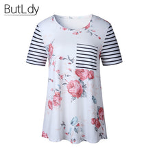 Load image into Gallery viewer, Striped Short Sleeve T Shirt Women Tops Tee Shirt Femme Print Floral Flower T-Shirt Female Summer 2019 Beach Casual Woman tshirt