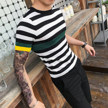 Load image into Gallery viewer, Summer Casual Tshirt Streetwear Tees Shirts Fashion Short Sleeve Striped Knitted T Shirt Male Slim Fit Business Camisetas Hombre