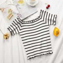 Load image into Gallery viewer, stripe square collar cropped T-shirt new female students short sleeve tshirts crop tops for woman 2019 summer