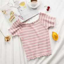 Load image into Gallery viewer, stripe square collar cropped T-shirt new female students short sleeve tshirts crop tops for woman 2019 summer