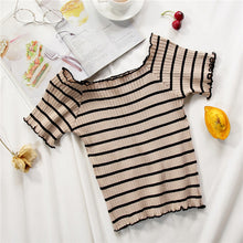 Load image into Gallery viewer, stripe square collar cropped T-shirt new female students short sleeve tshirts crop tops for woman 2019 summer