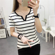 Load image into Gallery viewer, Womens Stripes T-Shirt V Collar T Shirts Skinny Half Sleeve Clothes Women Slim Under Wear Tshirt Casual Top Tees For Female

