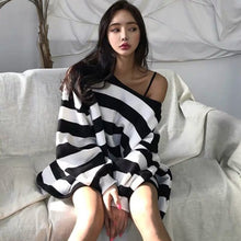 Load image into Gallery viewer, Tshirt Streetwear Women Casual Sexy Black Striped Tshirt Female Cute Japan Tops Tee Long Off Shoulder T Shirt Oversized Clothes
