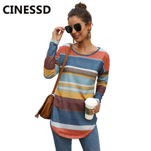 Load image into Gallery viewer, CINESSD Women MultiColor Striped Print Tee Shirts Round Neck Long Sleeves Casual Tops Slim Office Lady 2020 Elastic Tunic Tshirt
