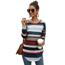 Load image into Gallery viewer, CINESSD Women MultiColor Striped Print Tee Shirts Round Neck Long Sleeves Casual Tops Slim Office Lady 2020 Elastic Tunic Tshirt

