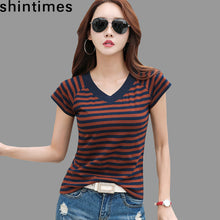 Load image into Gallery viewer, Camisas Mujer 2020 Striped Tshirt V-Neck T Shirt Women Printed T-Shirt Tee Shirt Femme Summer Tops Slim Casual Camiseta Feminina
