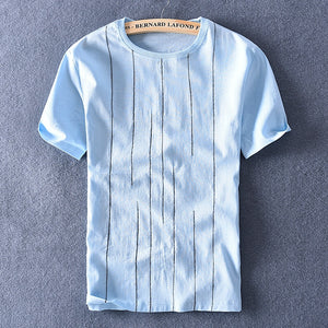 New style Italy brand t shirt men linen and cotton blue t-shirt for men fashion o-neck tshirt mens casual stripe t shirts male