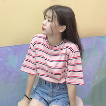 Load image into Gallery viewer, Korean O-neck T Shirt Women kawaii pink Striped Tops Harajuku Tshirt Summer Short Sleeve casual loose T-shirts camiseta feminina
