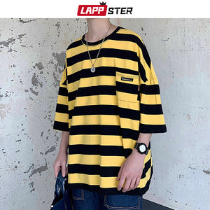 LAPPSTER Harajuku Stripe Tshirt Summer 2020 Mens Korean Style T Shirt Men Oversized Yellow Tshirts Hip Hop Casual Pocket T-shirt