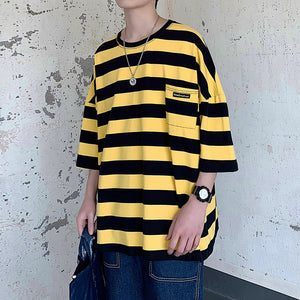 LAPPSTER Harajuku Stripe Tshirt Summer 2020 Mens Korean Style T Shirt Men Oversized Yellow Tshirts Hip Hop Casual Pocket T-shirt