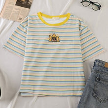 Load image into Gallery viewer, korean kawaii Stripped T Shirt New Fashion Clothes for Women Summer tees Tops embroidery 90's girls Tshirt Harajuku Streetwear
