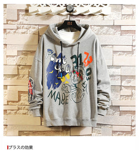 Japan Style Casual O-Neck 2020 Spring Autumn Print Hoodie Sweatshirt Men'S Thick Fleece Style Hip Hop High Streetwear Clothes