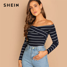 Load image into Gallery viewer, SHEIN Going Out Highstreet Elegant Cross Wrap Off the Shoulder Striped Pullovers Tee Autumn Women Casual Women Tshirt Top
