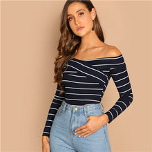 Load image into Gallery viewer, SHEIN Going Out Highstreet Elegant Cross Wrap Off the Shoulder Striped Pullovers Tee Autumn Women Casual Women Tshirt Top
