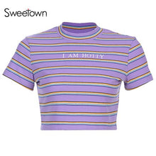 Load image into Gallery viewer, Sweetown Short Sleeve Cute Striped T Shirt Women Streetwear Slim Sexy O-Neck Womens Tshirts Letter Print` Summer Tee Shirt
