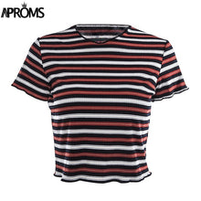 Load image into Gallery viewer, Aproms Multi Stripe Blocked Stretch T-shirt Women Summer Crop Top 90s Basic Tshirt Casual Short Sleeve Ribbed T Shirt Female Top
