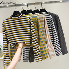Load image into Gallery viewer, Women Crop Top Long Sleeve T Shirt Striped 2020 Short Sexy T-shirt Feminina Knitted Tshirt Streetwear Female Clothes Black T1
