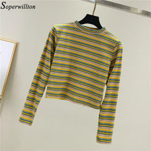 Load image into Gallery viewer, Women Crop Top Long Sleeve T Shirt Striped 2020 Short Sexy T-shirt Feminina Knitted Tshirt Streetwear Female Clothes Black T1
