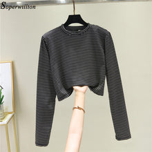 Load image into Gallery viewer, Women Crop Top Long Sleeve T Shirt Striped 2020 Short Sexy T-shirt Feminina Knitted Tshirt Streetwear Female Clothes Black T1
