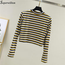 Load image into Gallery viewer, Women Crop Top Long Sleeve T Shirt Striped 2020 Short Sexy T-shirt Feminina Knitted Tshirt Streetwear Female Clothes Black T1
