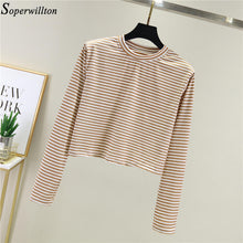 Load image into Gallery viewer, Women Crop Top Long Sleeve T Shirt Striped 2020 Short Sexy T-shirt Feminina Knitted Tshirt Streetwear Female Clothes Black T1
