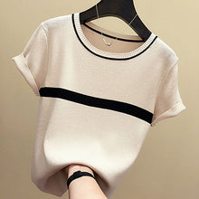 Load image into Gallery viewer, shintimes Thin Knitted T Shirt Women Clothes 2020 Summer Woman Short Sleeve Tees Tops Striped Casual T-Shirt Female Tshirt Femme

