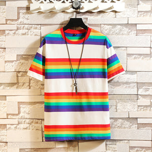 Summer Rainbow Striped T-shirts Men O-Neck Short Sleeve Men Tshirts Colorful Stripes Ins Hip Hop Streetwear Top Tees