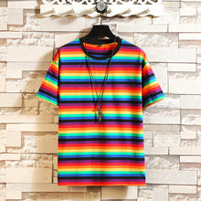 Load image into Gallery viewer, Summer Rainbow Striped T-shirts Men O-Neck Short Sleeve Men Tshirts Colorful Stripes Ins Hip Hop Streetwear Top Tees
