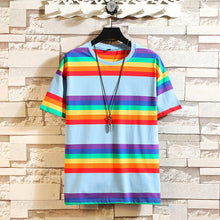 Load image into Gallery viewer, Summer Rainbow Striped T-shirts Men O-Neck Short Sleeve Men Tshirts Colorful Stripes Ins Hip Hop Streetwear Top Tees
