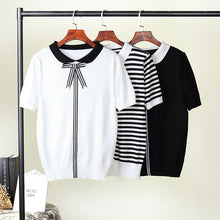 Load image into Gallery viewer, HLBCBG 2019 New Women Knitted Summer Stripe T Shirt Bowtie Preppy Style Student Cute Top Tee Shirt Short Sleeve Tshirt Female
