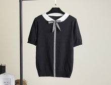 Load image into Gallery viewer, HLBCBG 2019 New Women Knitted Summer Stripe T Shirt Bowtie Preppy Style Student Cute Top Tee Shirt Short Sleeve Tshirt Female
