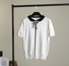Load image into Gallery viewer, HLBCBG 2019 New Women Knitted Summer Stripe T Shirt Bowtie Preppy Style Student Cute Top Tee Shirt Short Sleeve Tshirt Female
