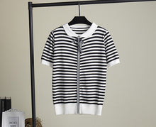 Load image into Gallery viewer, HLBCBG 2019 New Women Knitted Summer Stripe T Shirt Bowtie Preppy Style Student Cute Top Tee Shirt Short Sleeve Tshirt Female
