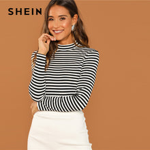 Load image into Gallery viewer, SHEIN Modern Lady Black and White Slim Fit Mock Neck High Neck Striped Rib Knit T-shirt 2018 Autumn Campus Women Tshirt Top

