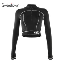 Load image into Gallery viewer, Sweetown 2020 Autumn Casual Black Crop Top T Shirts Women Fitness Activewear Zipper Turtleneck Long Sleeve Striped Basic Tshirt
