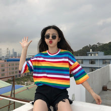 Load image into Gallery viewer, New T Shirt Women Rainbow Striped Tops Harajuku Tshirt  Summer Short Sleeve Korean Punk T-shirt camiseta feminina T8
