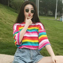 Load image into Gallery viewer, New T Shirt Women Rainbow Striped Tops Harajuku Tshirt  Summer Short Sleeve Korean Punk T-shirt camiseta feminina T8
