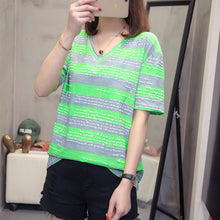 Load image into Gallery viewer, Plus Size Striped Harajuku T-shirt Women Summer V Neck Short Sleeve Cotton Mujer Top Tshirt Aesthetic Streetwear Large Tee Shirt
